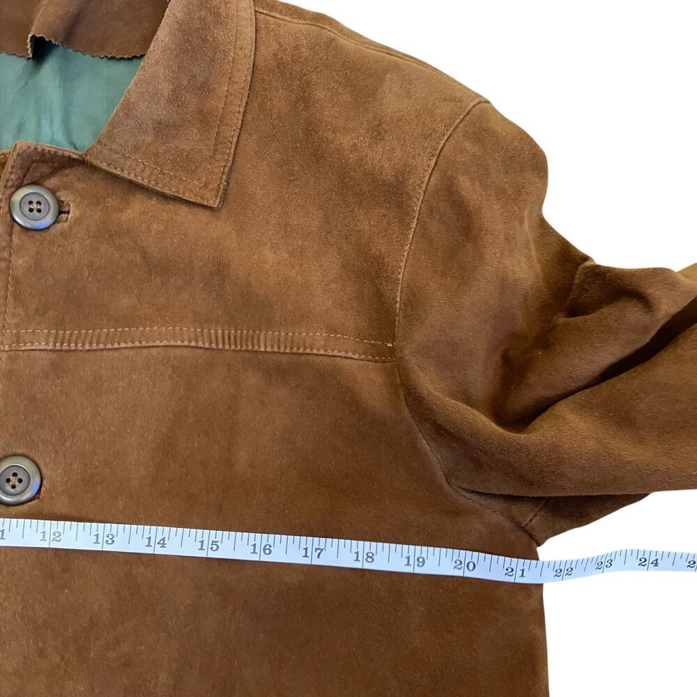 Mens Sz S Vintage 90s Brown Suede Jacket Button Front boxy Fit Hip Length Worn - Picture 10 of 16